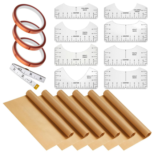 18 folhas de PTFE para aquecimento 12x16 polegadas, régua de alinhamento de camiseta e conjunto de fita métrica resistente