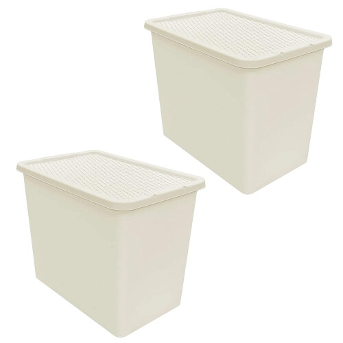 2 x Cream 80L Rattan Effect Large Plastic Storage Container With Lid 1