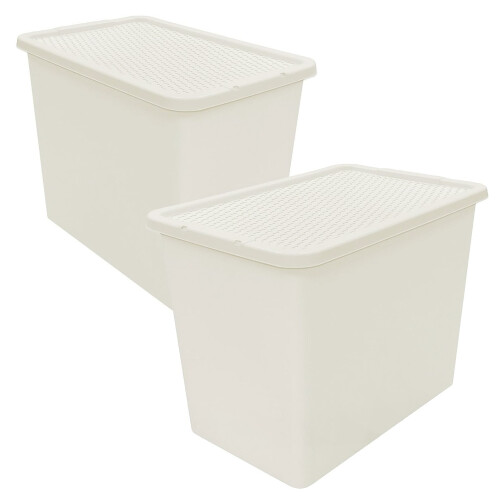 2 x Cream 80L Rattan Effect Large Plastic Storage Container With Lid 2