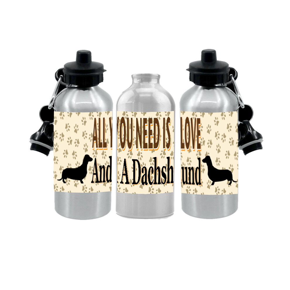 Dachshund Water Bottle - All You Need Is Love - Silver Aluminium - Two Lids - Unisex Gift-image-OPC-PGJ9PRJ-NEW