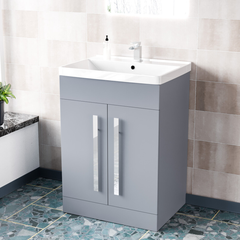 Nes Home Matte Grey 600mm Bathroom Basin Sink Cabinet & Ceramic Basin Flat Pack