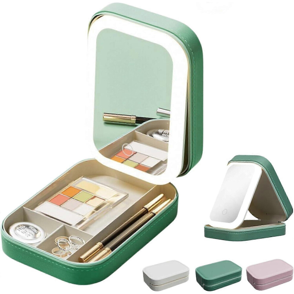 (Green) Integrated Makeup Storage Box with Light-Filling Mirror, Portable Cosmetics Case, 3 Color Led Light Makeup Storage Box