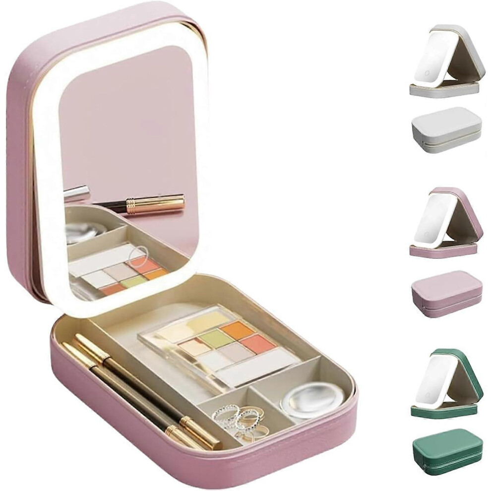 (Pink) Integrated Makeup Storage Box with Light-Filling Mirror, Portable Cosmetics Case, 3 Color Led Light Makeup Storage Box
