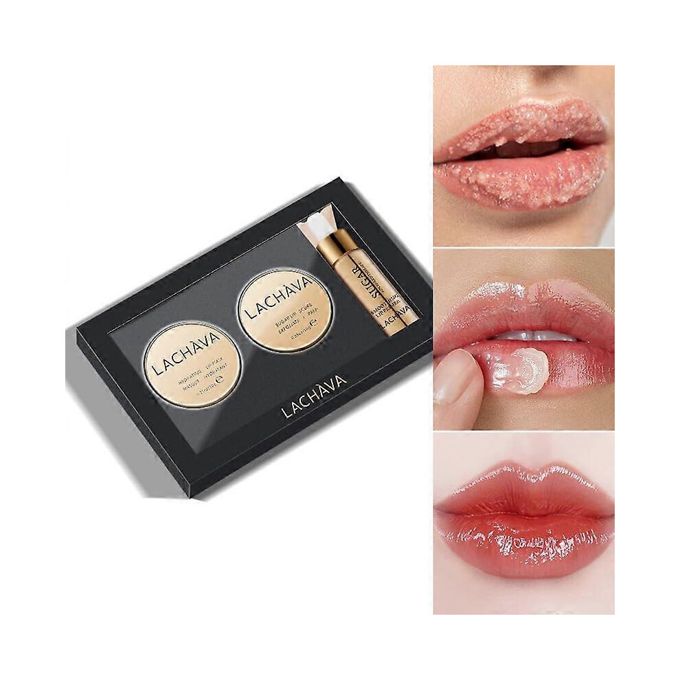 3-piece lip care set: sugar scrub, moisturising mask and plumping oil for soft, repaired lips.
