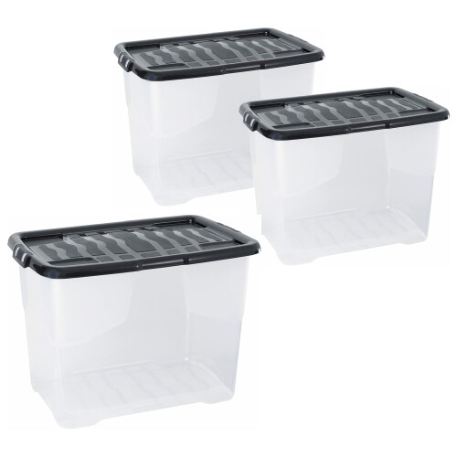 3 x 80 Litre Curve Plastic Storage Box With Black Lid For Home & Office 2