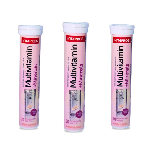Vitapros Multivitamin + Minerals Effervescent Tablets - Orange Flavour (3 Tubes, 60 Tablets)