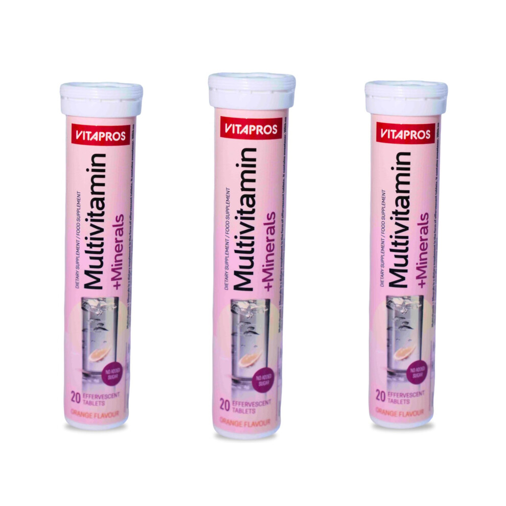 Vitapros Multivitamin + Minerals Effervescent Tablets - Orange Flavour (3 Tubes, 60 Tablets)