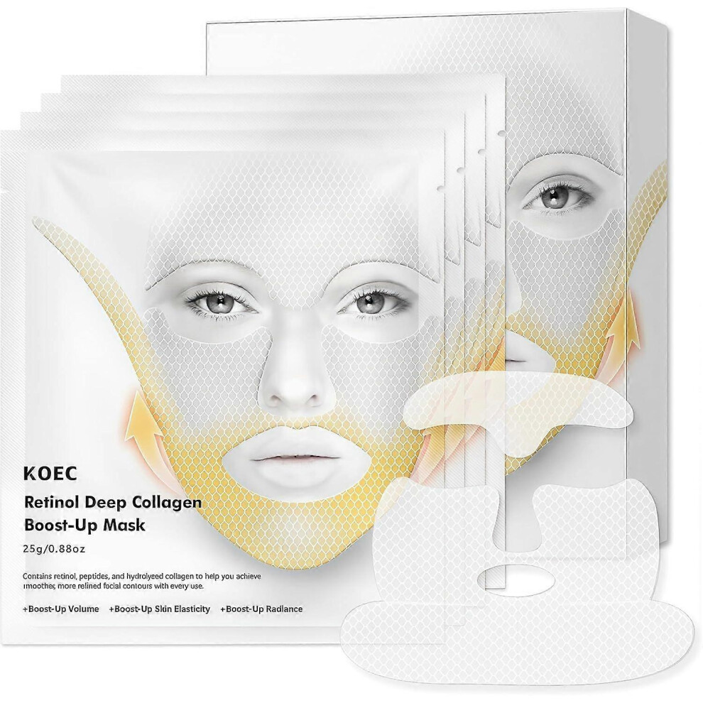 (1 Box - 4pcs) Deep Collagen Retinol Tension Boost Up Mask Set, Face Tightening and Lifting Mask for V-Line, Smile Line & Forehead Wrinkles with Colla