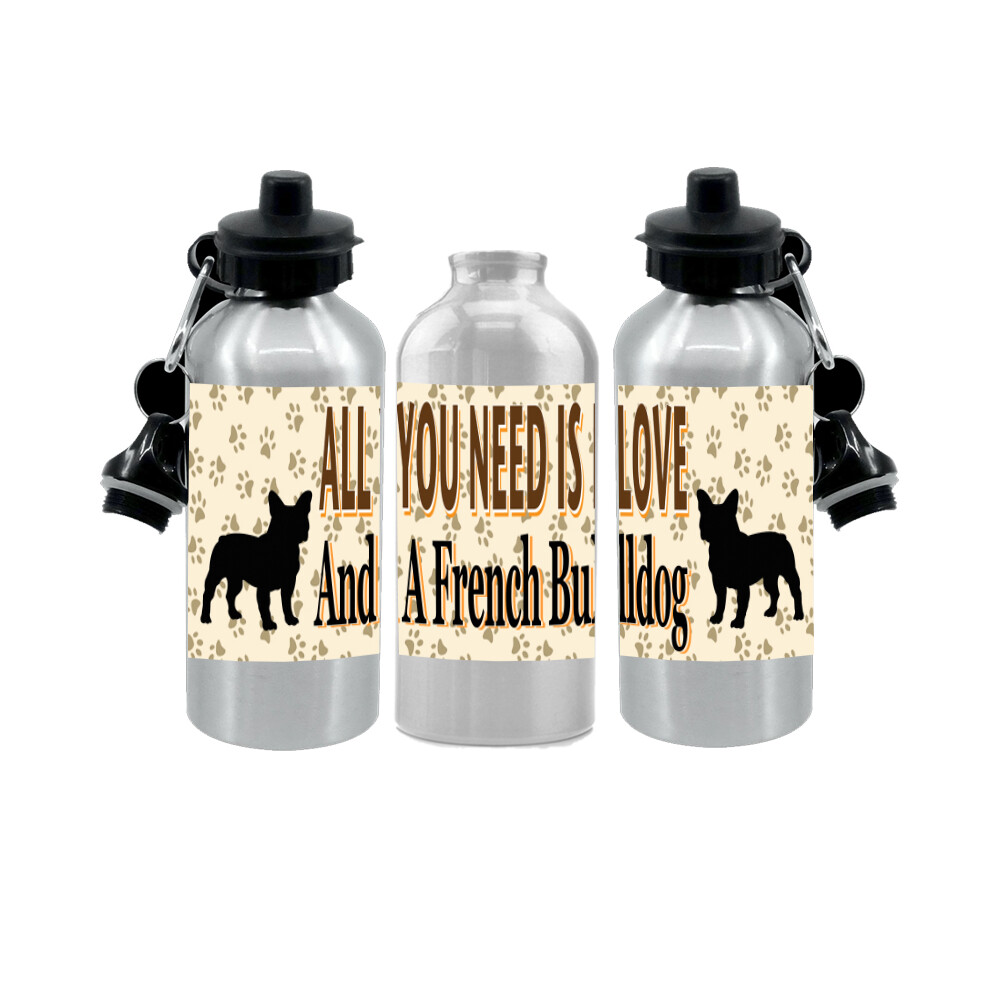 French Bulldog Water Bottle - All You Need Is Love - Silver Aluminium - Two Lids - Unisex Gift-image-OPC-PGJB6NY-NEW
