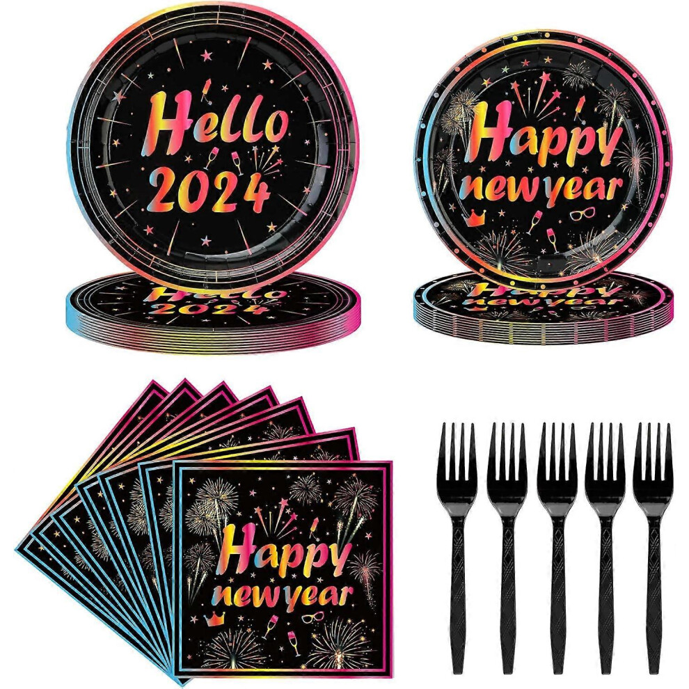 80Pcs Happy New Year Eve Party Supplies 2024 Disposable Paper Plates Napkins Cups Happy New Year Plates and Napkins and Forks Set