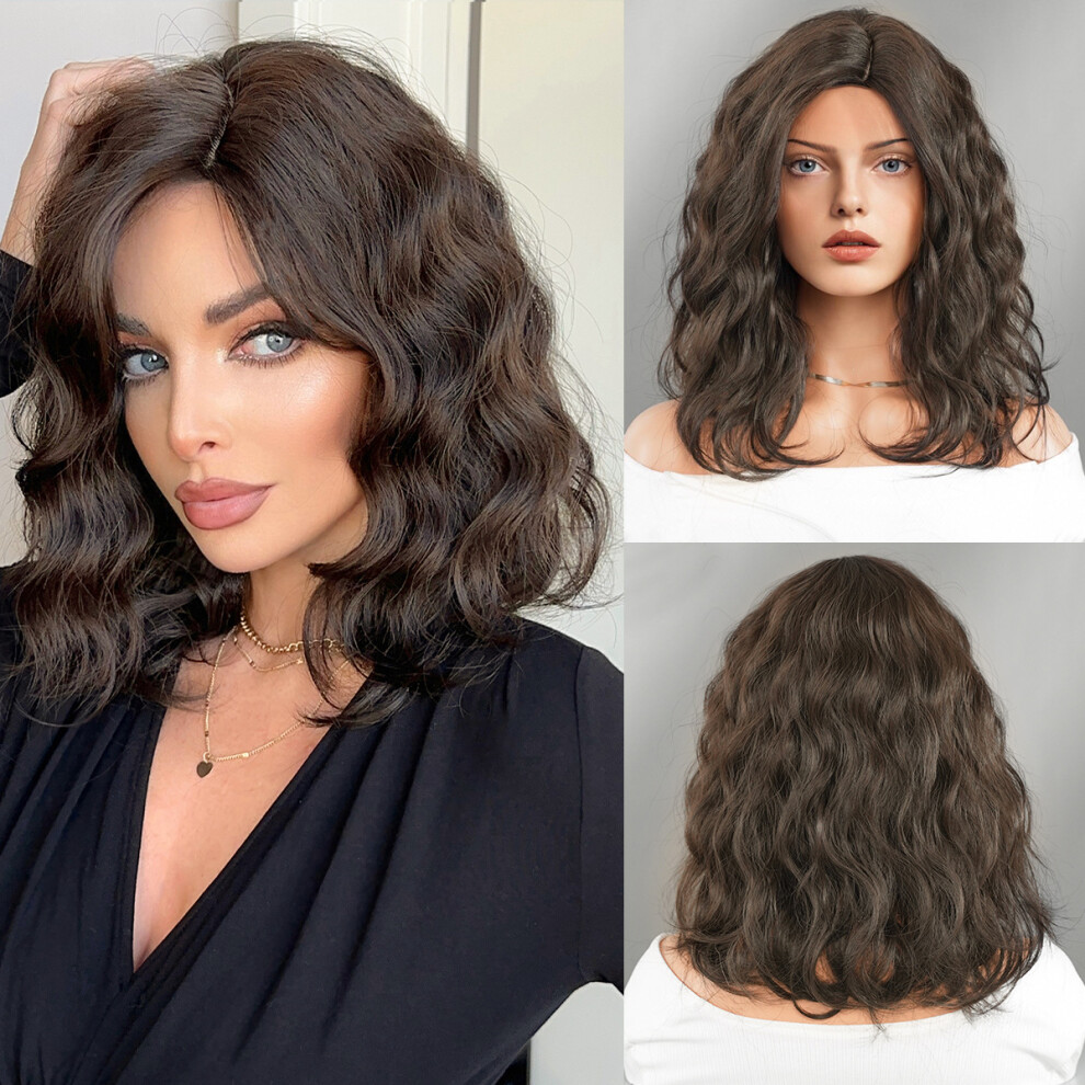 (Cold brown_42cm 16 inch) New wig for women with medium-length curly hair short hair bob head mid-part hairstyle age-reducing chemical fiber high temp