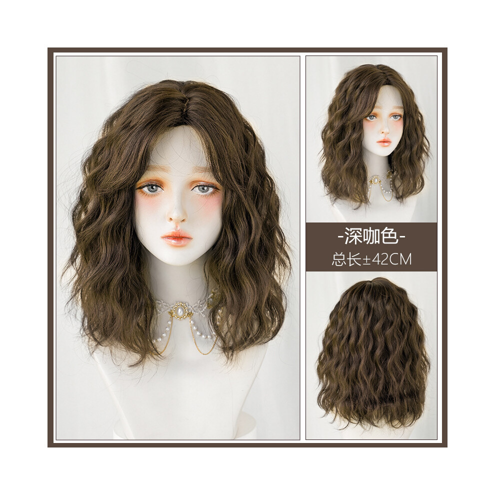 (?Orderable?Dark brown_42cm 16 inch) New wig for women with medium-length curly hair short hair bob head mid-part hairstyle age-reducing chemical fibe
