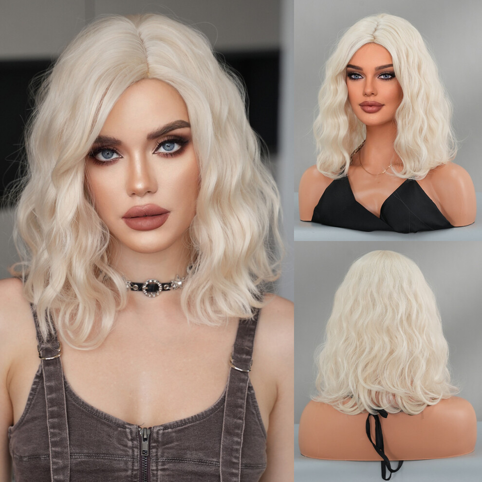 (Milkshake white_42cm 16 inch) New wig for women with medium-length curly hair short hair bob head mid-part hairstyle age-reducing chemical fiber high
