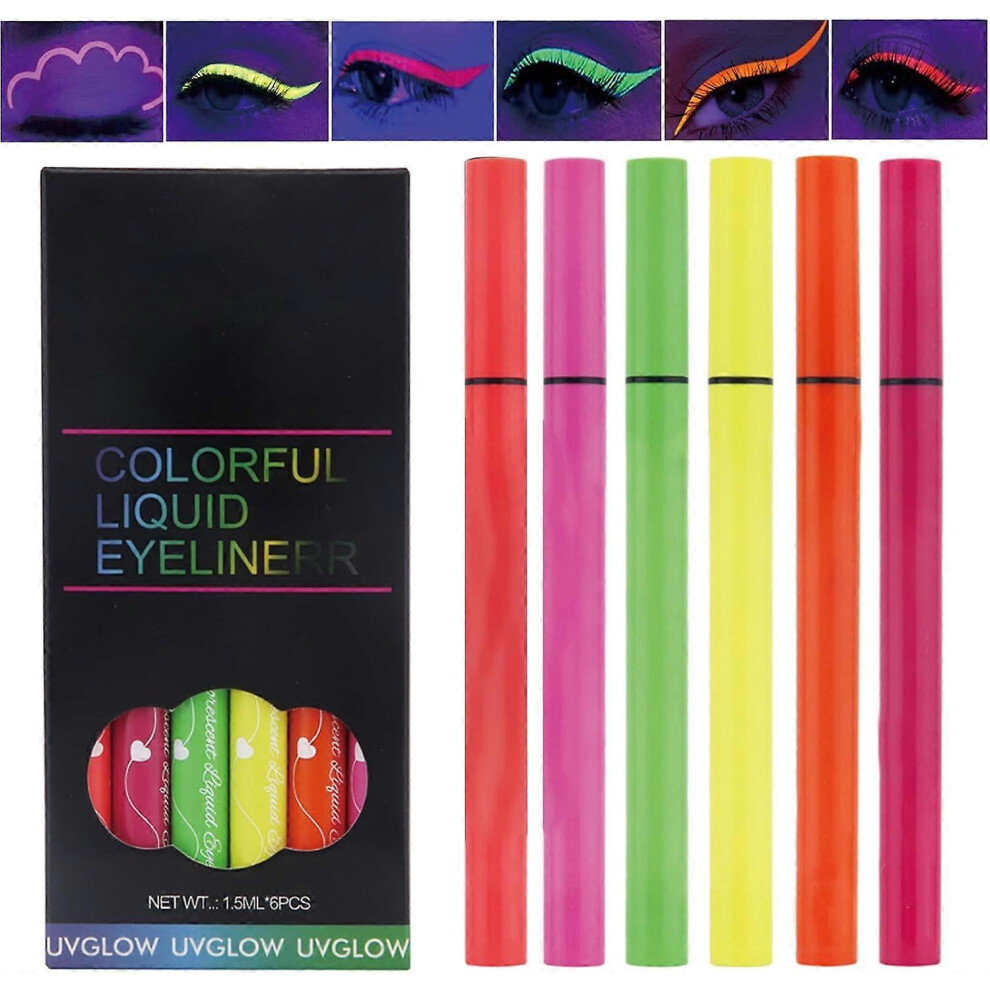 UV Glow Neon Liquid Eyeliner Set 6 Colors Matte Rainbow Eye Liner Pen, Colored Luminous Neon Eyeliner Long Lasting Waterproof
