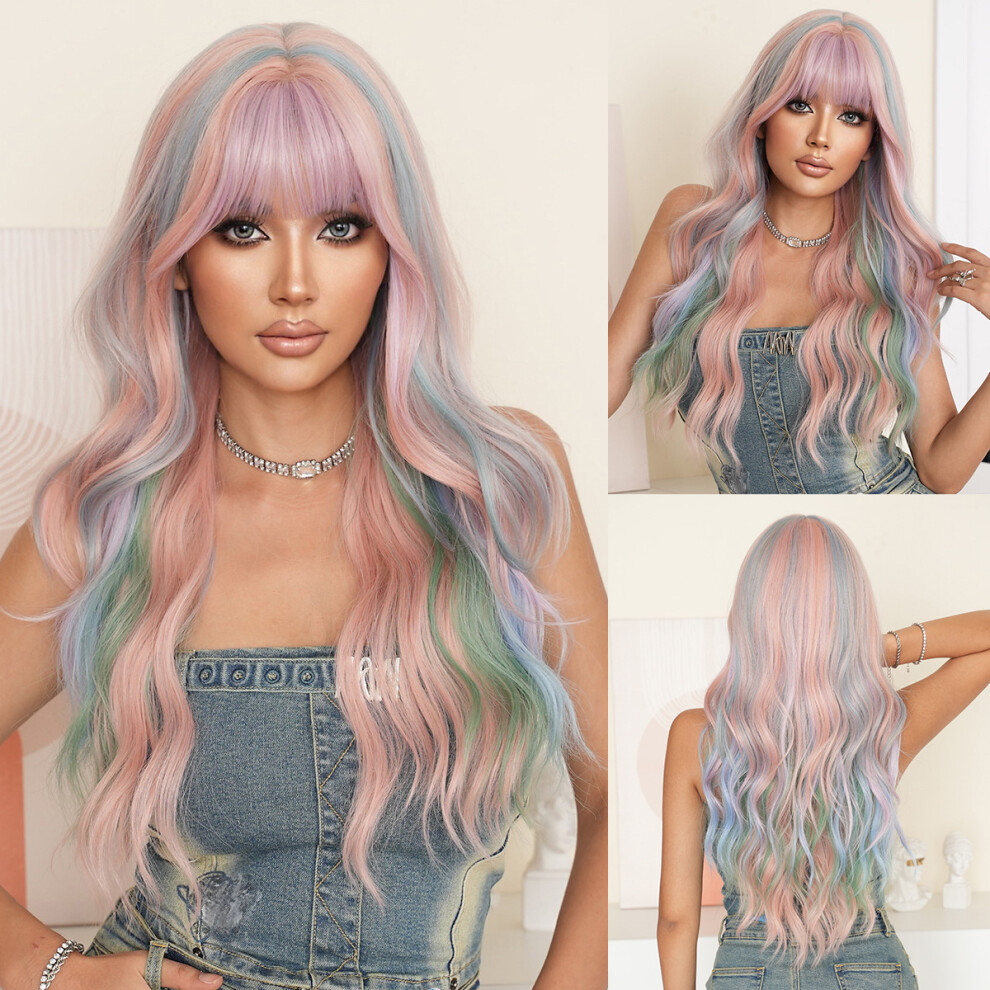 Unisex (Mw9214-1 Rainbow Color 72Cm) New European And American Wigs For Women With Long Curly Hair, Big Wave Chemical Fiber Full Head Hood Wig