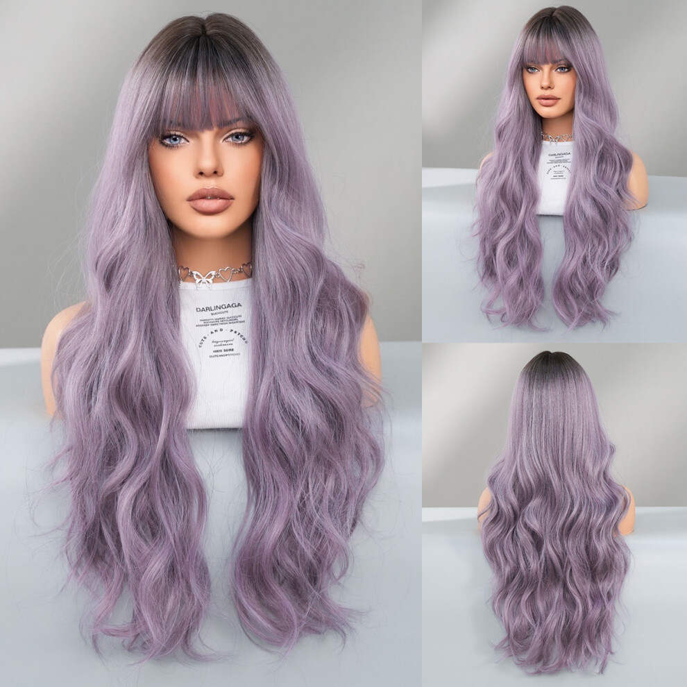Unisex Purple (Mw9140-1 Gray Head Dyed 72Cm) New European And American Wigs For Women With Long Curly Hair, Big Wave Chemical Fiber Full Head Hood Wig