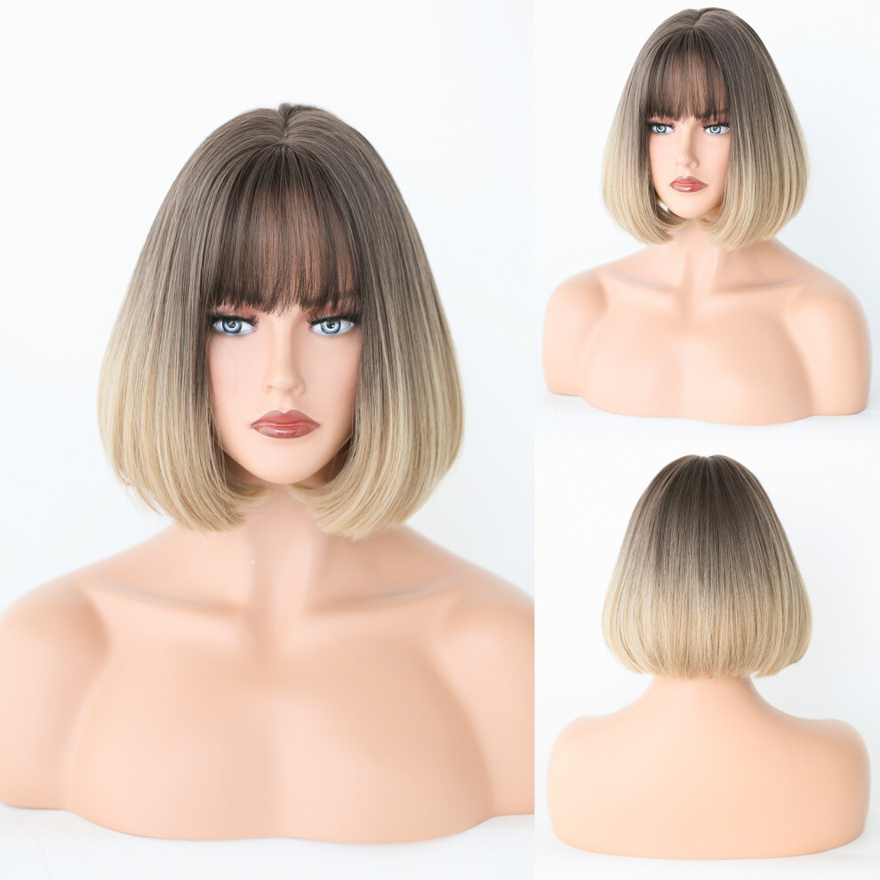 (Gradient light white tea_30cm) European and American wig women short straight hair BOB head gradient inward button wig head bob hair