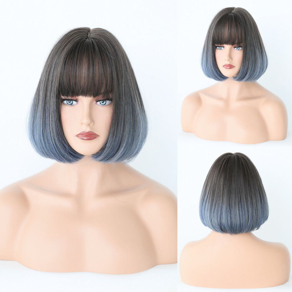 (Gradient haze blue_30cm) European and American wig women short straight hair BOB head gradient inward button wig head bob hair