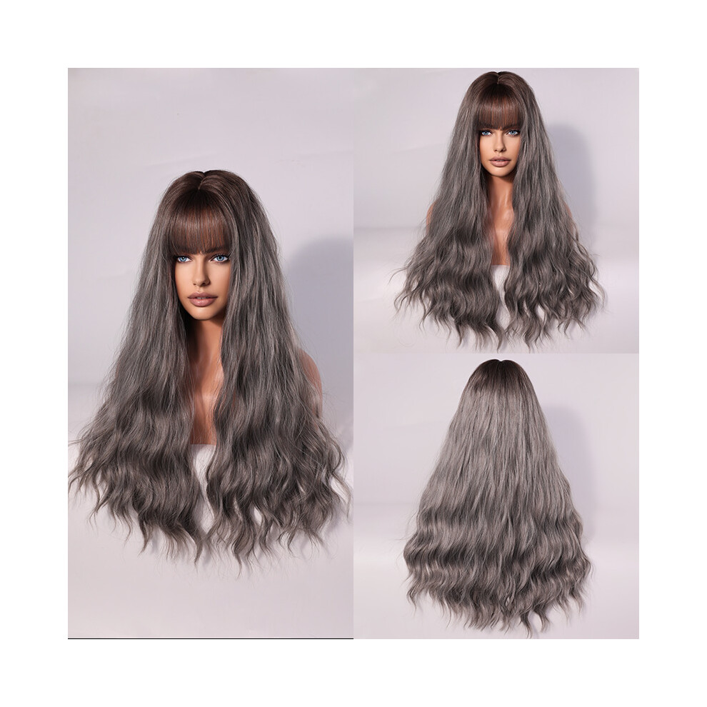 (Gray gradient_68cm 26inch) New brown gradient wig curly hair big wave European and American women's head cover