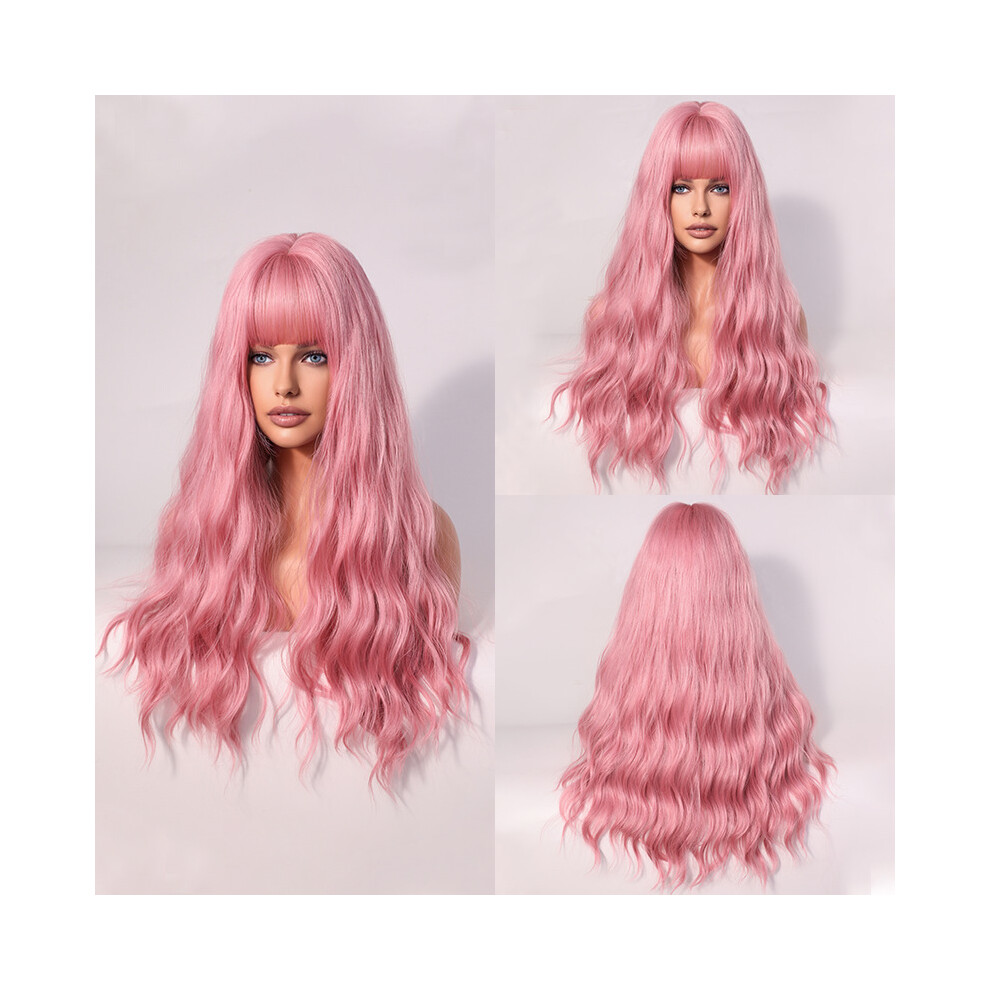(Pink_68cm 26inch) New brown gradient wig curly hair big wave European and American women's head cover