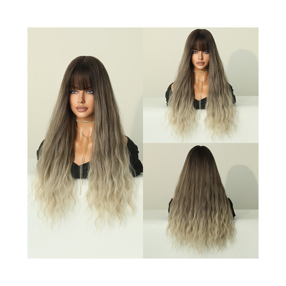 (Milk tea gradient_68cm 26inch) New brown gradient wig curly hair big wave European and American women's head cover