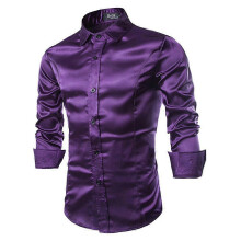 (2XL,Black)Men's Long Sleeve Satin Shirt - Solid Luxury Shiny Casual Slim Fit Button Up