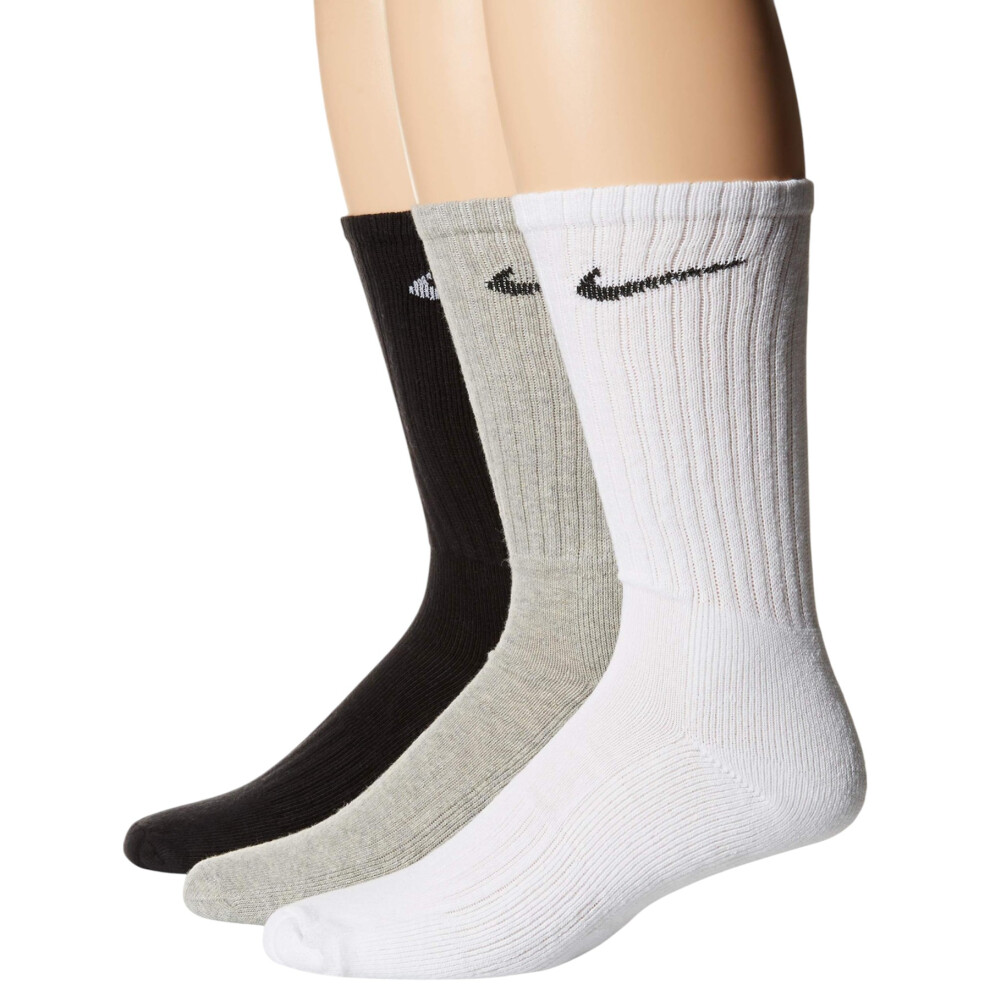 (Black White Grey, UK 5-8) Nike SX4508 Mens Crew Socks Everyday Cushioned 3 Pack Dri-Fit Trainers Socks