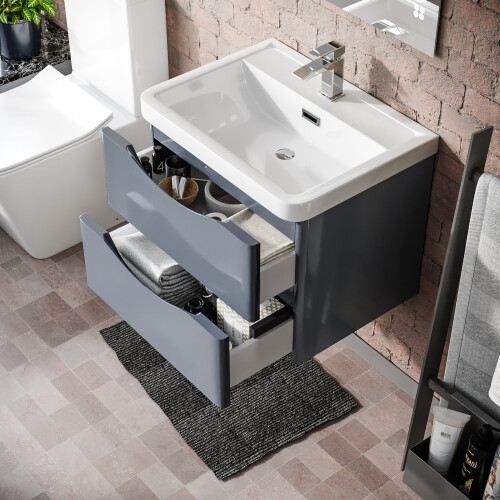NES Home Merton Grey 600mm Gloss Bathroom Wall Hung Basin Vanity Unit 1
