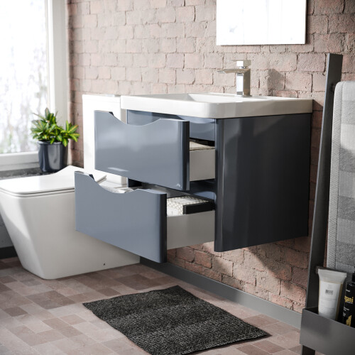 NES Home Merton Grey 600mm Gloss Bathroom Wall Hung Basin Vanity Unit 2