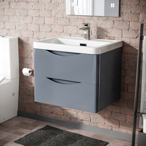 NES Home Merton Grey 600mm Gloss Bathroom Wall Hung Basin Vanity Unit