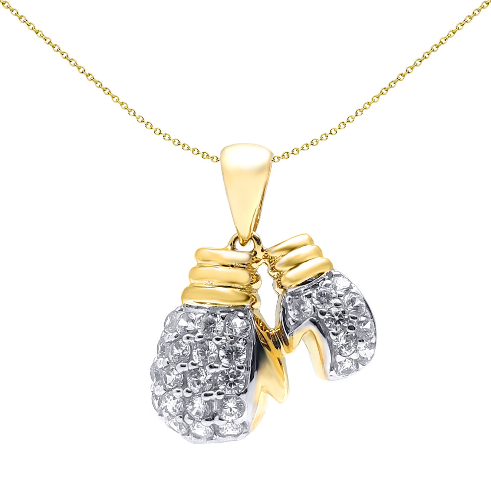 Jewelco London Men's Solid 9ct Yellow and White Gold White Round Cubic Zirconia Boxing Gloves Pair Charm Pendant - JPD443