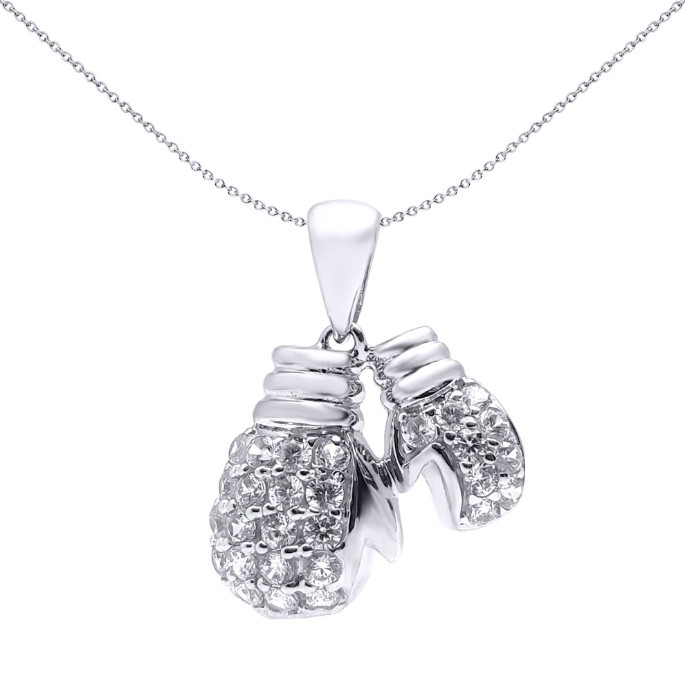 Jewelco London Rhodium Coated Sterling Silver CZ boxing gloves Charm Pendant - 18 inch Chain - APD001