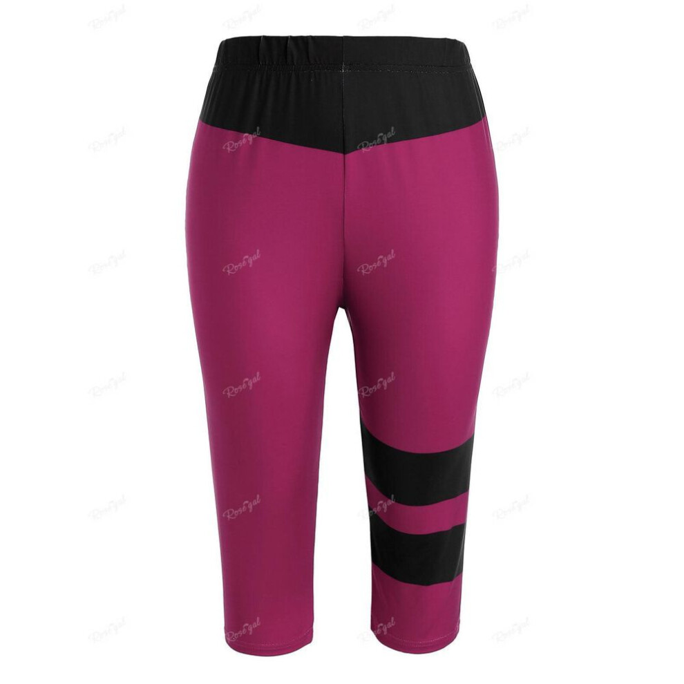 (barn red, 5XL) Rosegal Plus Size Striped Colorblock Capri Leggings
