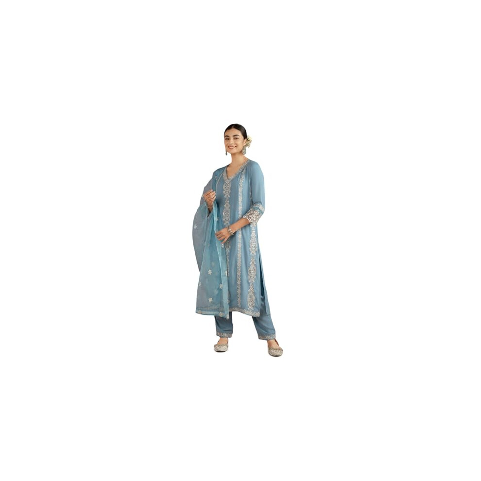 Kaari Kurta Chikankari Set Con Dupatta - Vestibilità Dritta | Ricamo Chikankari E Pizzo | Maniche Con Lacci | Dupatta In Organza Con Lacci | Pantaloni Dritti Con Tasca, Pantaloni Jodhpur Blu, X-Large-image