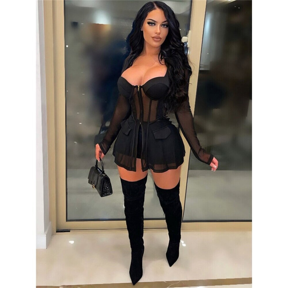 Sheer Mesh Corset Zip Up Jacket Top and Shorts 2 Piece Sets Women Sexy Party Club Two Piece Outfit Streetwear