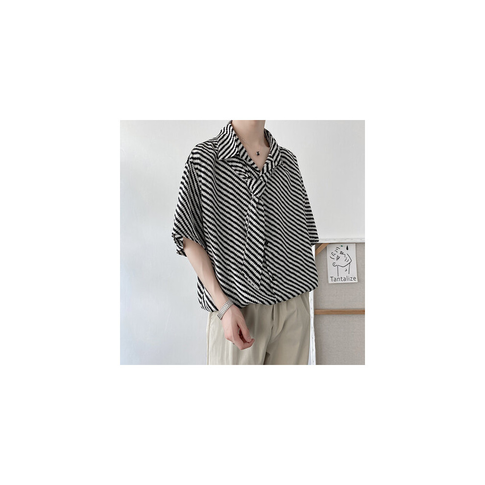 Houndstooth Short Sleeve Shirt Men Summer Niche High-end Mens Loose Casual Hawaiian Shirt Retro Clothes Includes Tie