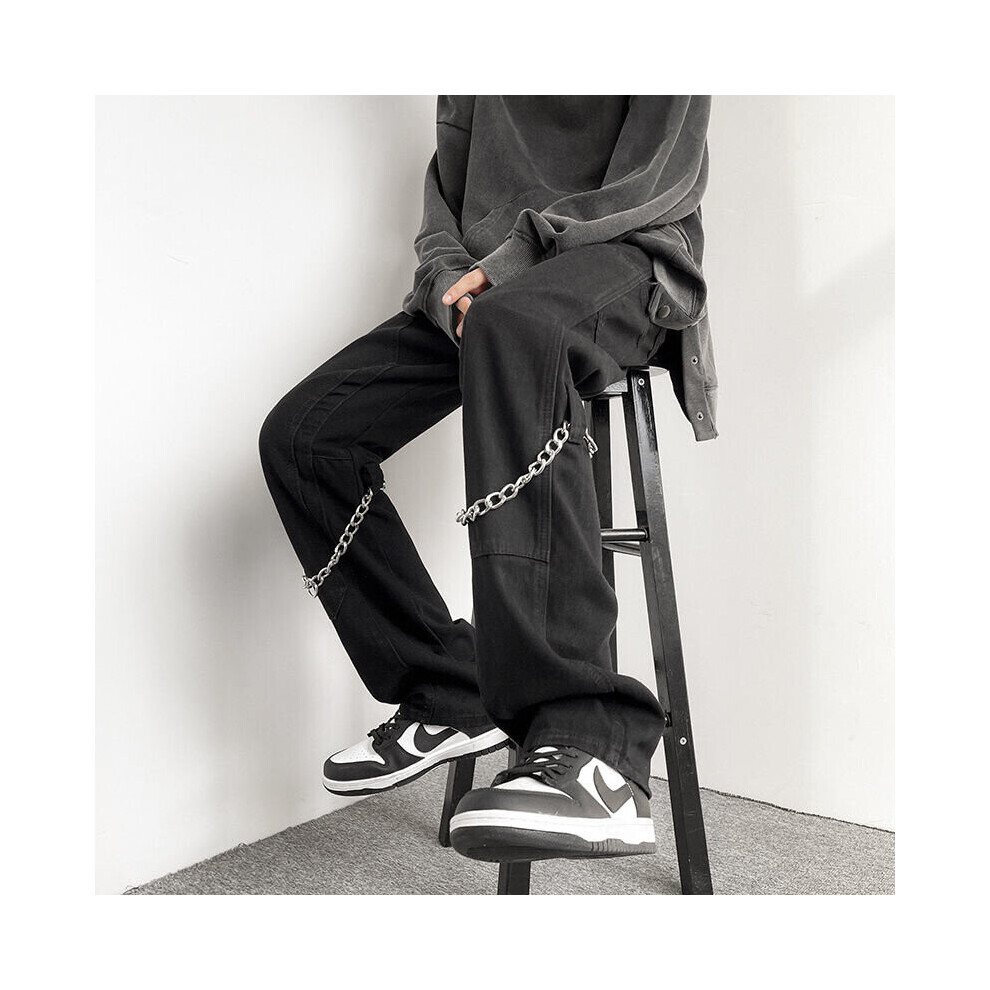 Cotton Chain Casual Pants Men Black/White Cargo Pants Men Streetwear Loose Hip-hop Straight Pants Mens Trousers S-2XL