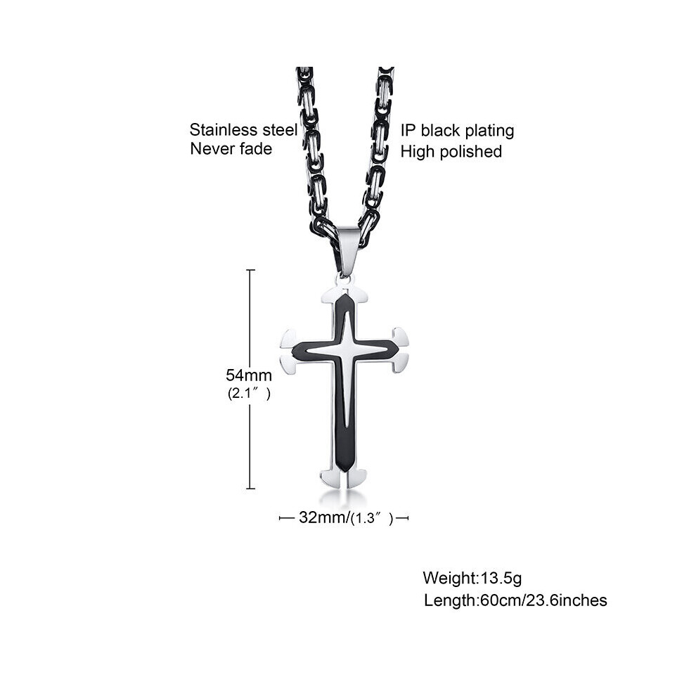 STAINLESS STEEL LARGE CROSS PENDANT WITH BYZANTINE CHAIN NECKLACE FOR MEN