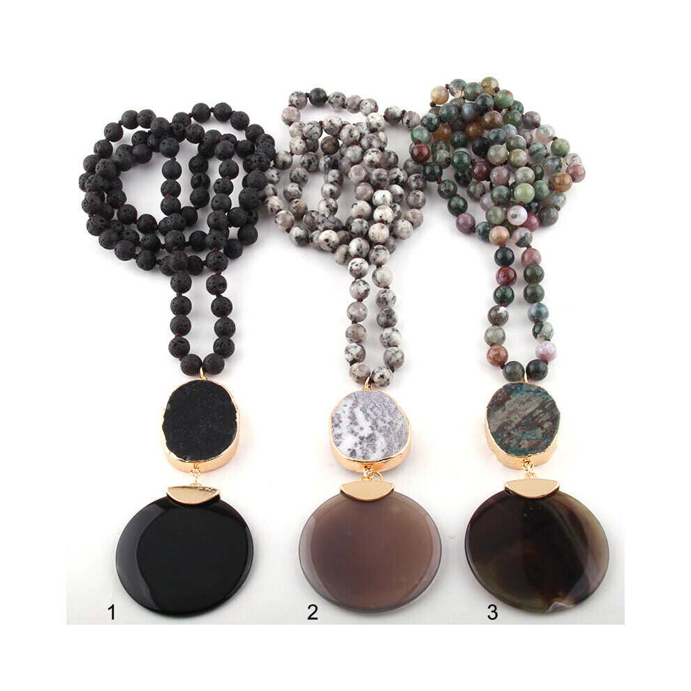 Bohemian Jewelry Semi Precious Stones Long Knotted Stone Links Round Agat Necklaces For Women Ethnic Necklace