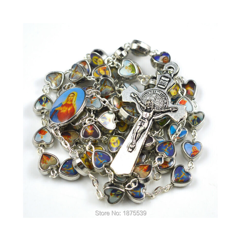 Mix Picture Catholic Figures Alloy Catholic Rosary Necklace Heart Shape Beads