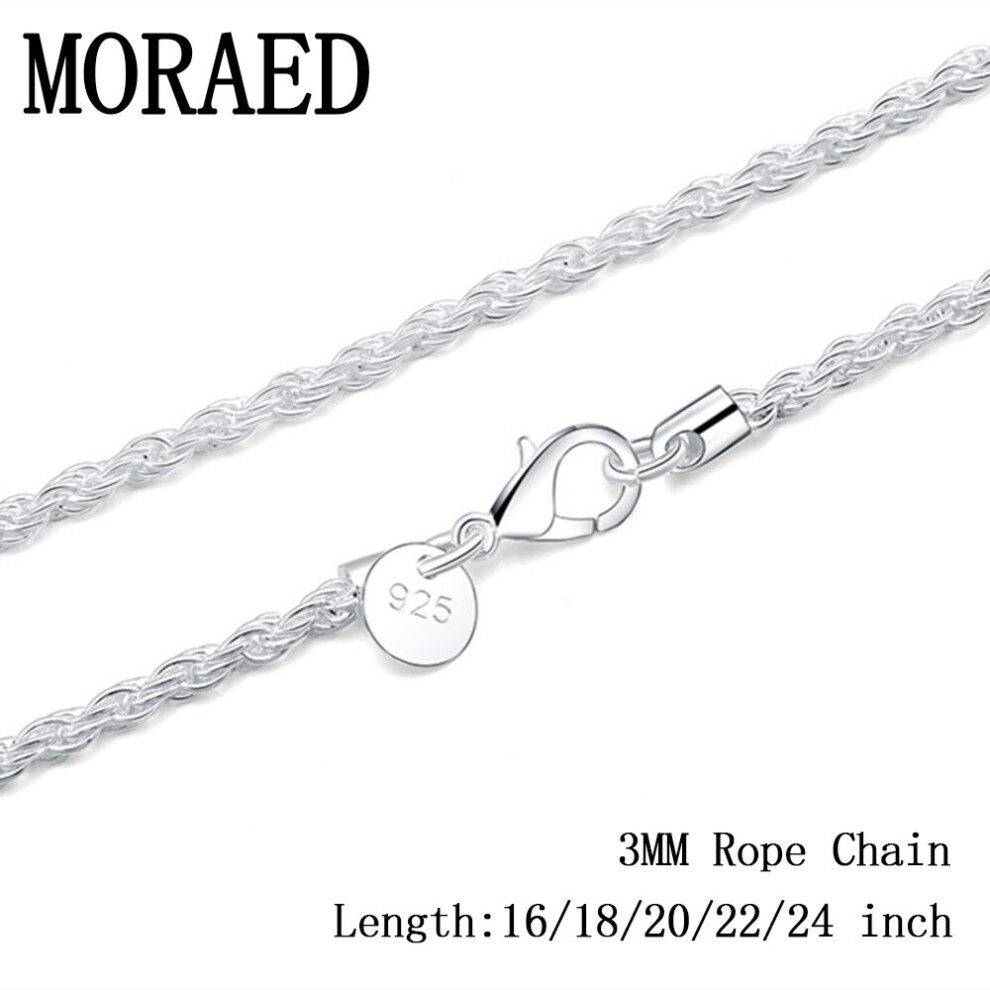 925 Sterling Silver 3mm 16/18/20/22/24 Inch Twist Rope Chain Necklaces For Women Men Jewelry