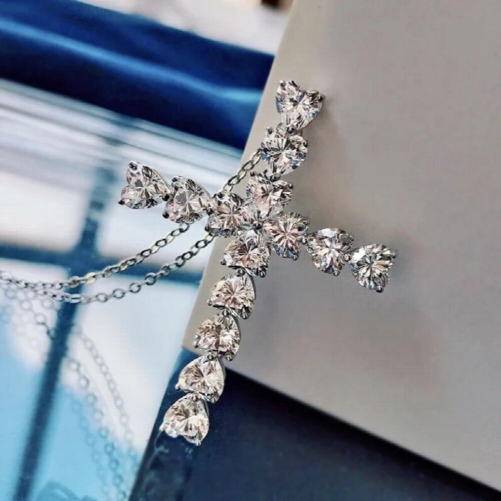 925 sterling silver cross necklace for women 5 * 5 heart shaped carbon diamond