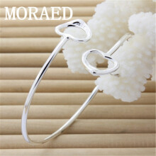 925 Sterling Silver Double Love Heart Open Bangles Bracelets For Women Lady Jewelry Birthday Gift