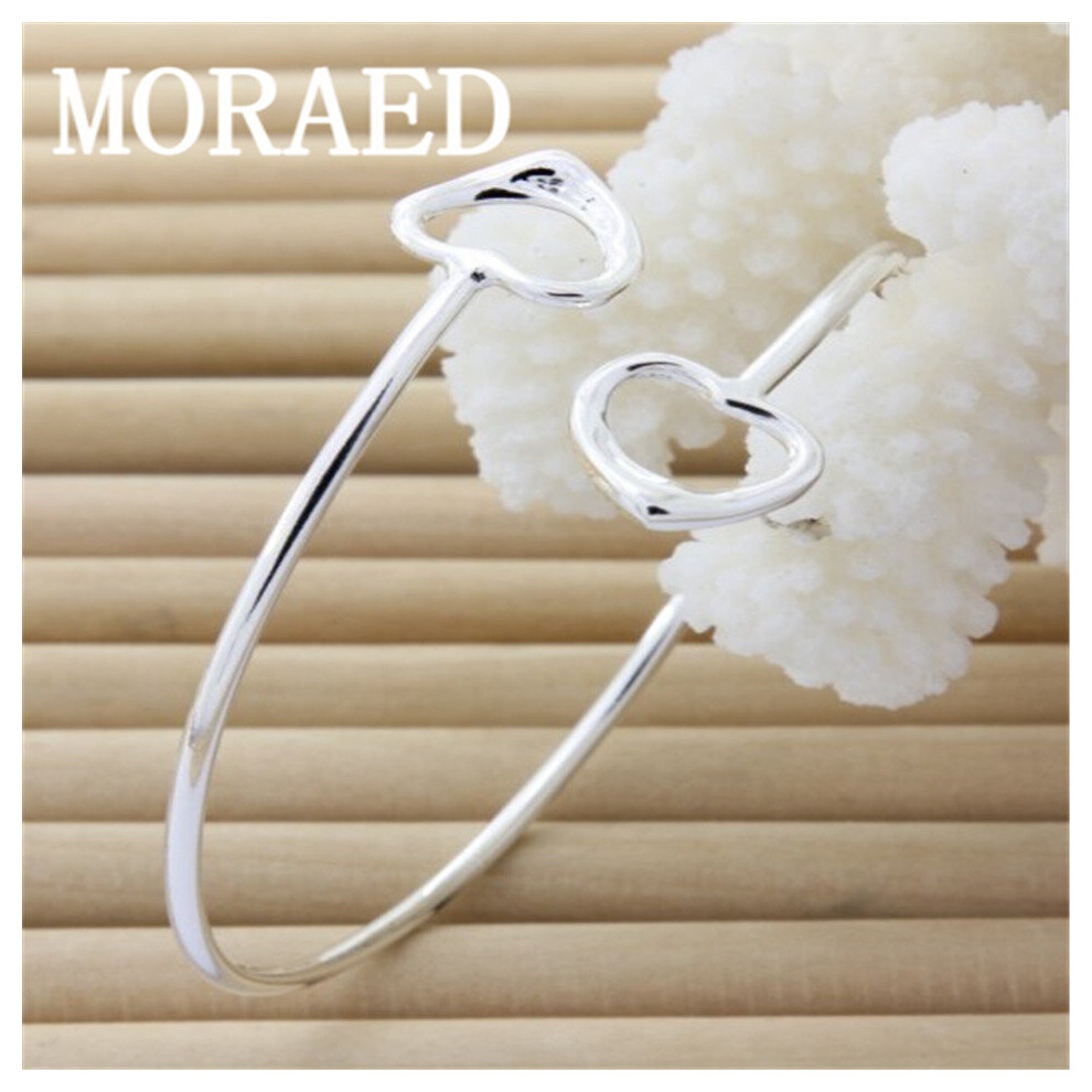 925 Sterling Silver Double Love Heart Open Bangles Bracelets For Women Lady Jewelry Birthday Gift