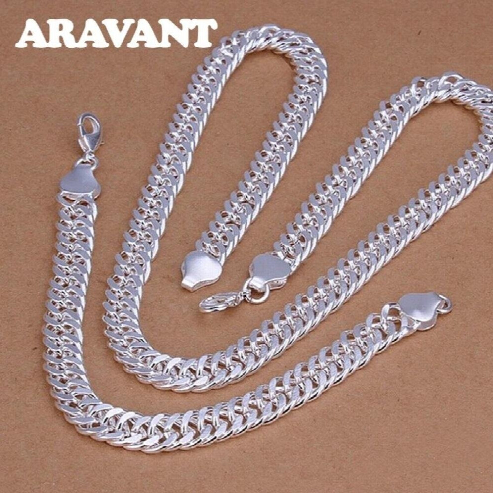 925 Sterling Silver 10MM Chain Necklace Bracelet For Men Women Jewelry Set Wedding
