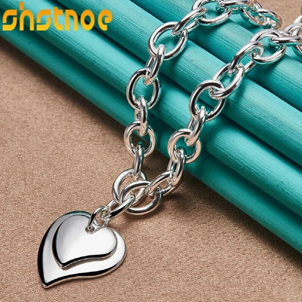 925 Sterling Silver Double Heart Pendant Necklace 18 Inch Chain For Women Man Engagement Wedding Charm Jewelry