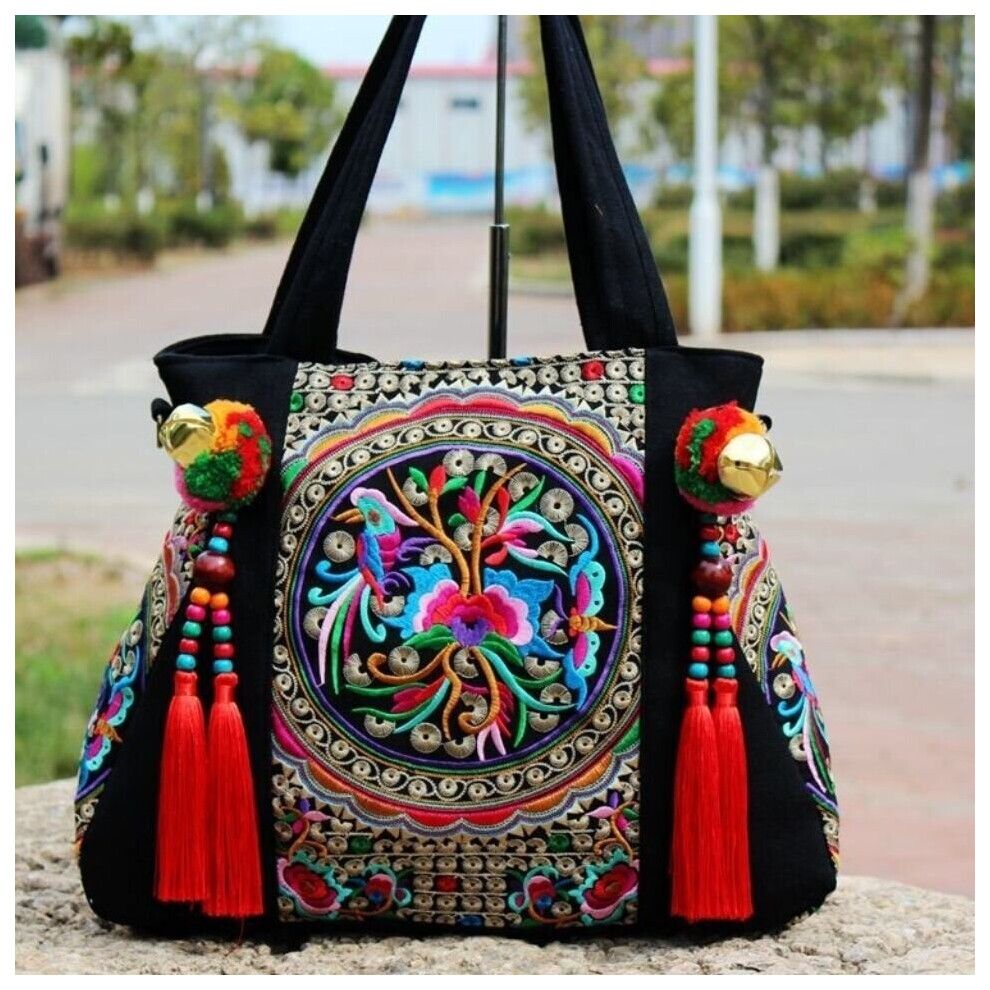 Embroidery Tassel Shoulder Bag Womens Casual Canvas Bag