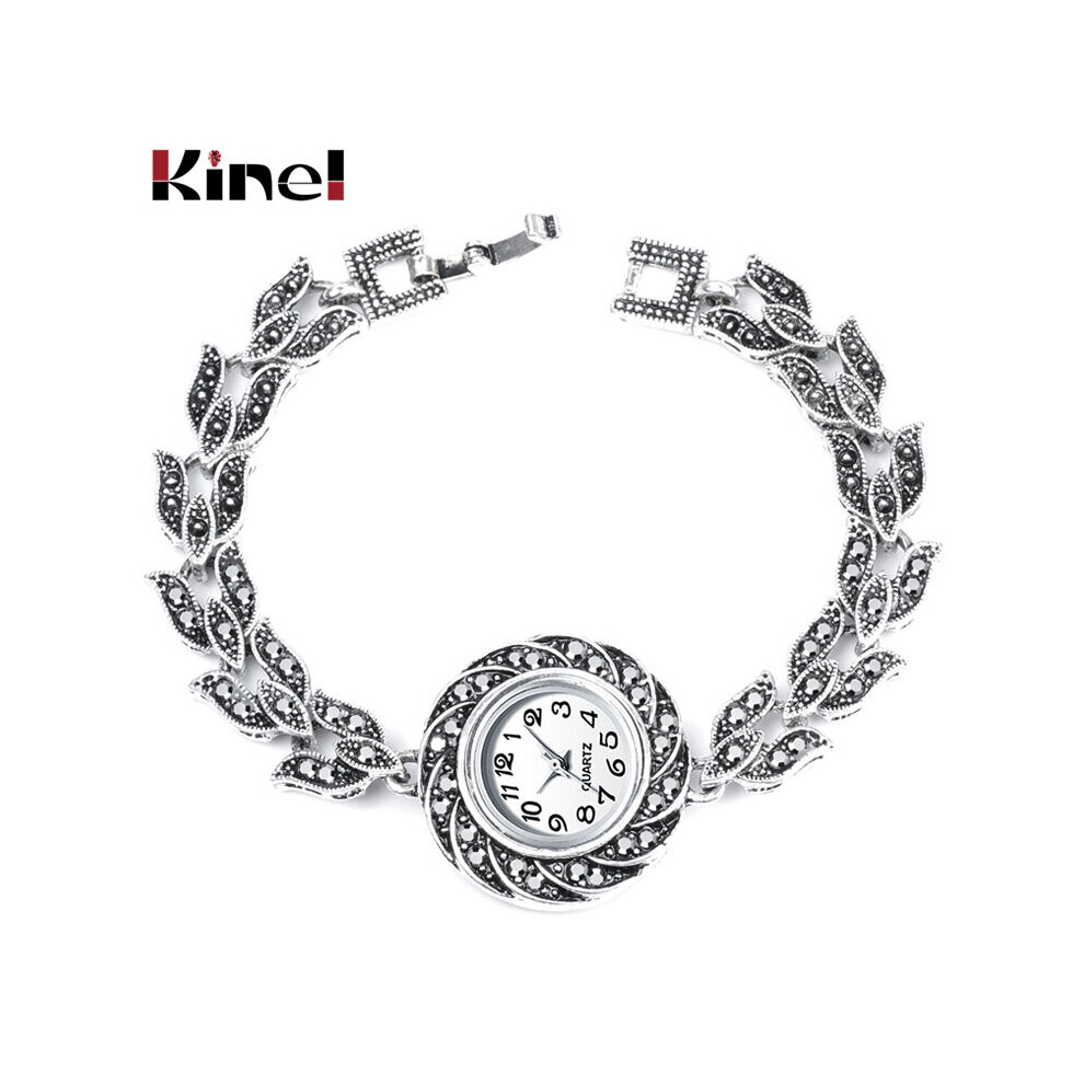 Kinel Women's Watches Antique Silver Bright Rhinestone Bracelet Wrist Watch Clock Vintage Jewelry