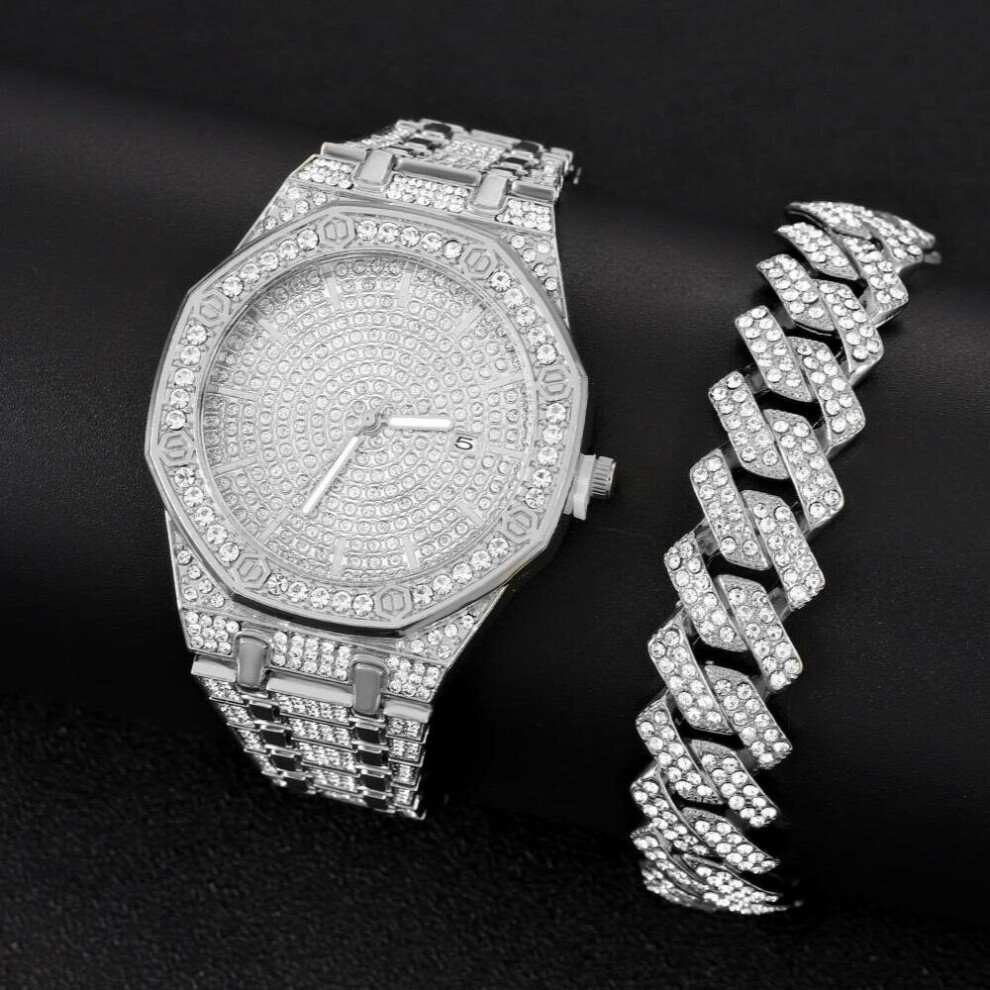 Moissanite Iced Out Watches, Hip Hop Bust Down Unisex Diamond Watch Stainless Steel Moissanite Studded Wrist Watch