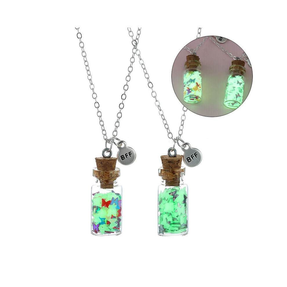 Lovecryst 2Pcs/set Luminous Butterfly Shaped Sequins Bottle Pendant Chain BFF Necklaces for Girls Friendship Jewelry